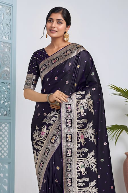 Samyukta Singhania_Purple Embroidery, Zari V-neck Woven Banarasi Saree With Blouse _at_Aza_Fashions