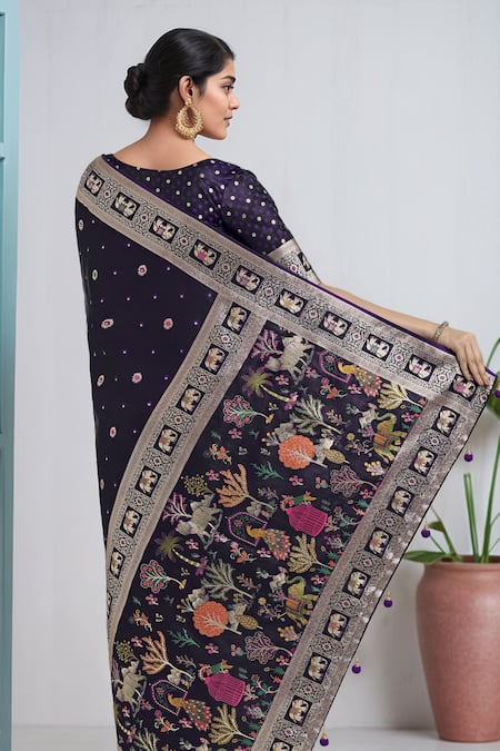 Shop_Samyukta Singhania_Purple Embroidery, Zari V-neck Woven Banarasi Saree With Blouse 