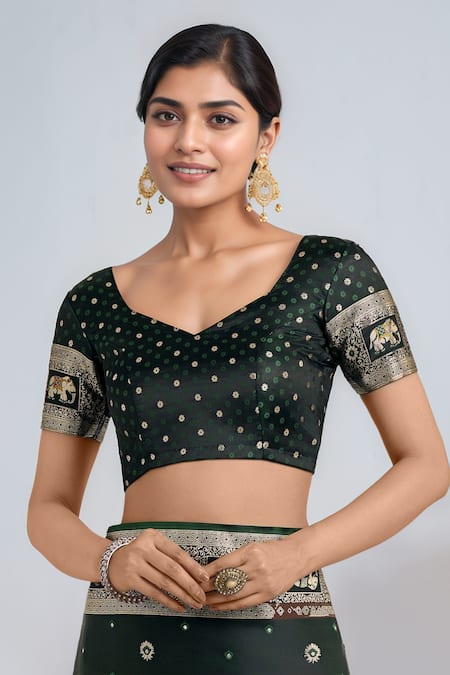Samyukta Singhania Green Embroidery, Zari V-neck Dark Woven Banarasi Saree With Blouse Online at Aza Fashions Samyukta Singhania_Green Embroidery, Zari V-neck Dark Woven Banarasi Saree With Blouse _Online_at_Aza_Fashions
