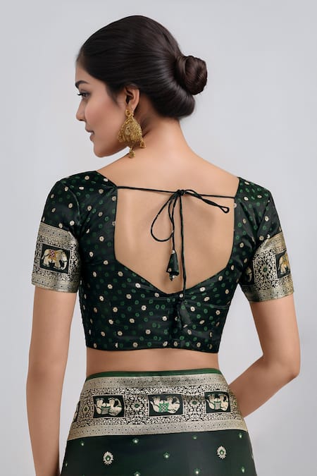 Buy Samyukta Singhania Green Embroidery, Zari V-neck Dark Woven Banarasi Saree With Blouse Online at Aza Fashions Buy_Samyukta Singhania_Green Embroidery, Zari V-neck Dark Woven Banarasi Saree With Blouse _Online_at_Aza_Fashions