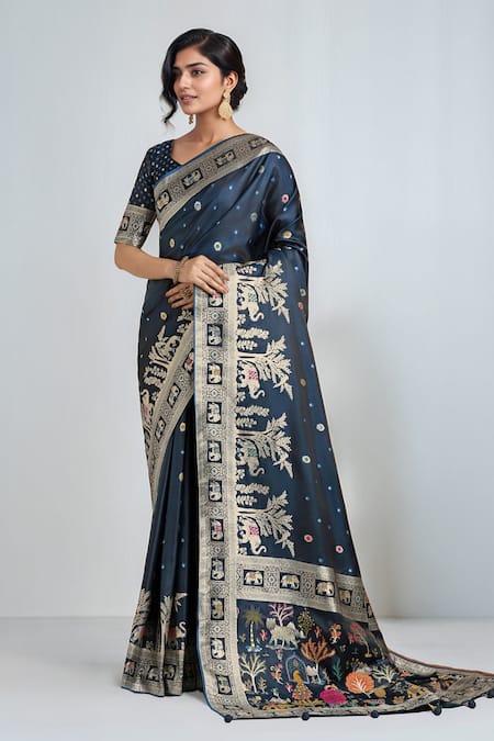 Samyukta Singhania Dark Teal Blue Zari Woven Banarasi Saree With Blouse 
