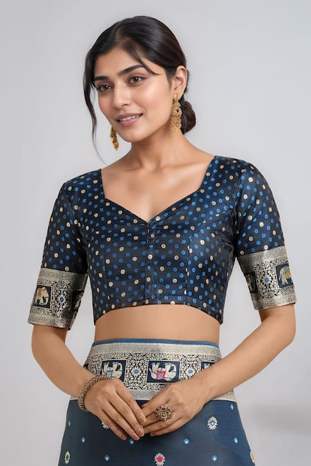 Buy_Samyukta Singhania_Teal Embroidery, Zari V-neck Dark Blue Woven Banarasi Saree With Blouse _Online_at_Aza_Fashions