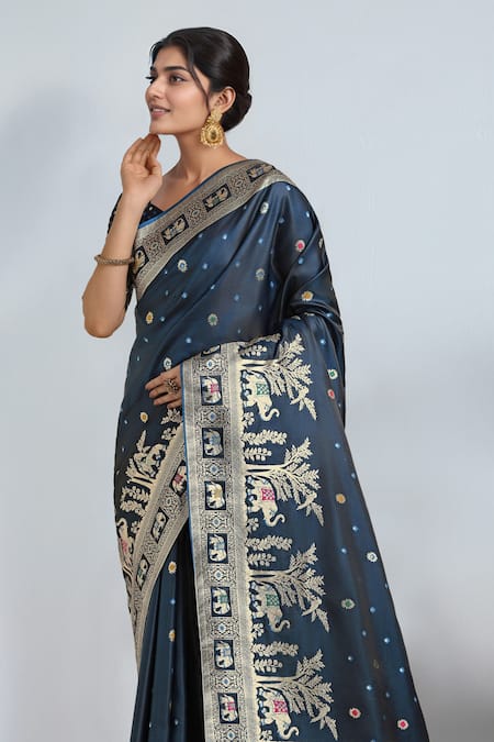 Shop_Samyukta Singhania_Teal Embroidery, Zari V-neck Dark Blue Woven Banarasi Saree With Blouse _Online_at_Aza_Fashions