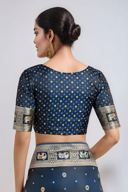 Samyukta Singhania_Teal Embroidery, Zari V-neck Dark Blue Woven Banarasi Saree With Blouse _at_Aza_Fashions