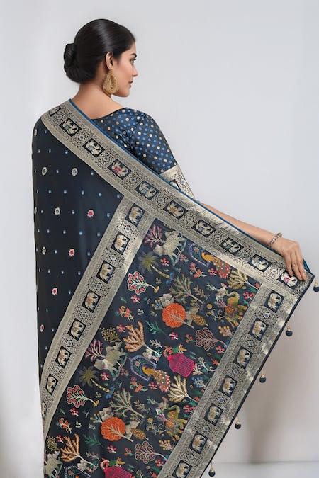 Shop_Samyukta Singhania_Teal Embroidery, Zari V-neck Dark Blue Woven Banarasi Saree With Blouse 