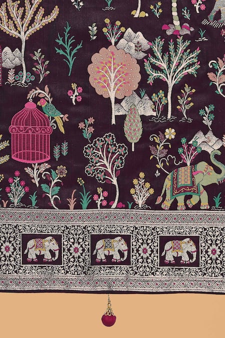 Samyukta Singhania_Wine Pom-poms, Embroidery, Zari V-neck Banarasi Satin Silk Saree With Blouse _Online_at_Aza_Fashions