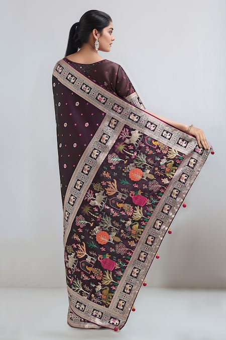 Samyukta Singhania Wine Banarasi Satin Silk Saree With Blouse 