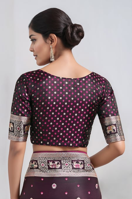 Buy_Samyukta Singhania_Wine Pom-poms, Embroidery, Zari V-neck Banarasi Satin Silk Saree With Blouse _Online_at_Aza_Fashions