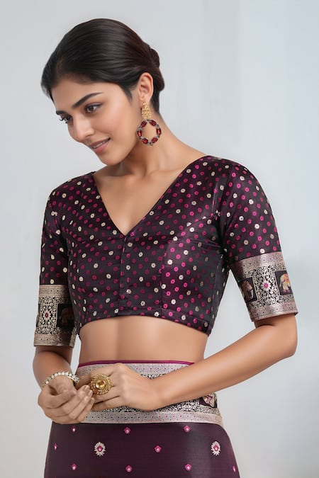 Shop_Samyukta Singhania_Wine Pom-poms, Embroidery, Zari V-neck Banarasi Satin Silk Saree With Blouse _Online_at_Aza_Fashions