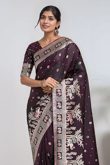 Samyukta Singhania_Wine Pom-poms, Embroidery, Zari V-neck Banarasi Satin Silk Saree With Blouse _at_Aza_Fashions