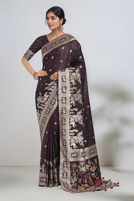 Buy_Samyukta Singhania_Wine Pom-poms, Embroidery, Zari V-neck Banarasi Satin Silk Saree With Blouse 