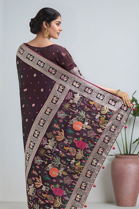 Shop_Samyukta Singhania_Wine Pom-poms, Embroidery, Zari V-neck Banarasi Satin Silk Saree With Blouse 