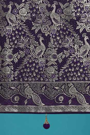 Khwaab By Sanjana Lakhani_Purple Embroidery, Zari V-neck Woven Banarasi Saree With Blouse _Online_at_Aza_Fashions
