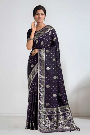 Buy_Khwaab By Sanjana Lakhani_Purple Embroidery, Zari V-neck Woven Banarasi Saree With Blouse _Online_at_Aza_Fashions
