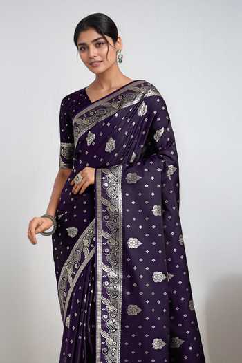 Shop_Khwaab By Sanjana Lakhani_Purple Embroidery, Zari V-neck Woven Banarasi Saree With Blouse _Online_at_Aza_Fashions