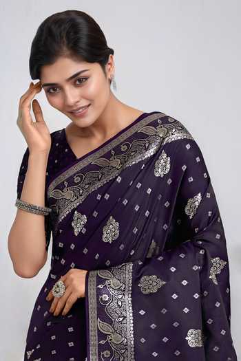 Khwaab By Sanjana Lakhani_Purple Embroidery, Zari V-neck Woven Banarasi Saree With Blouse _at_Aza_Fashions