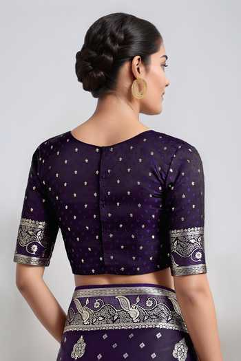 Shop_Khwaab By Sanjana Lakhani_Purple Embroidery, Zari V-neck Woven Banarasi Saree With Blouse 
