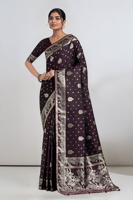 Buy_Samyukta Singhania_Wine Zari V-neck Banarasi Satin Silk Saree With Blouse _Online_at_Aza_Fashions