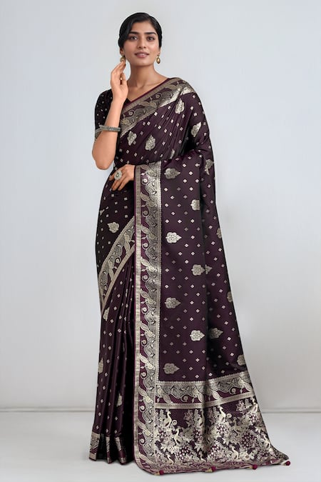 Samyukta Singhania Wine Zari V-neck Banarasi Satin Silk Saree With Blouse 