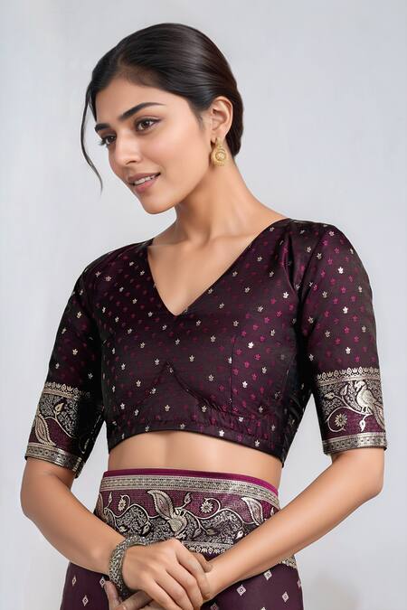 Shop_Samyukta Singhania_Wine Zari V-neck Banarasi Satin Silk Saree With Blouse _Online_at_Aza_Fashions