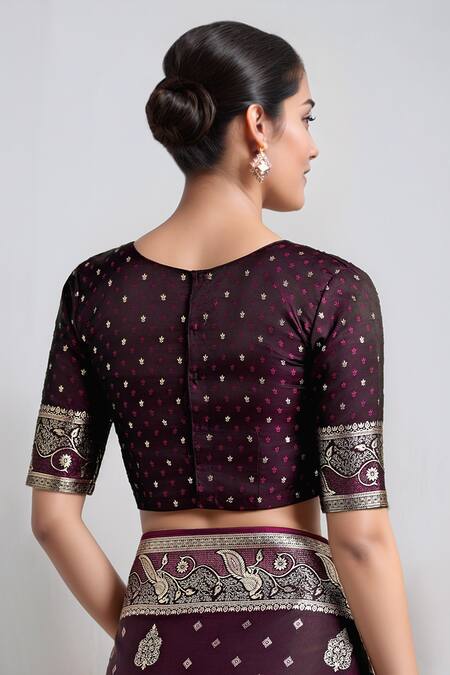 Samyukta Singhania_Wine Zari V-neck Banarasi Satin Silk Saree With Blouse _at_Aza_Fashions