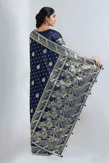 Khwaab By Sanjana Lakhani Dark Blue Zari Woven Banarasi Saree With Blouse 