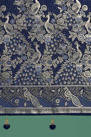 Khwaab By Sanjana Lakhani_Blue Zari V-neck Dark Woven Banarasi Saree With Blouse _Online_at_Aza_Fashions