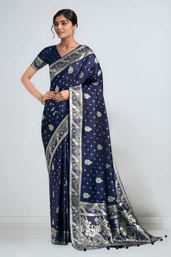 Buy_Khwaab By Sanjana Lakhani_Blue Zari V-neck Dark Woven Banarasi Saree With Blouse _Online_at_Aza_Fashions