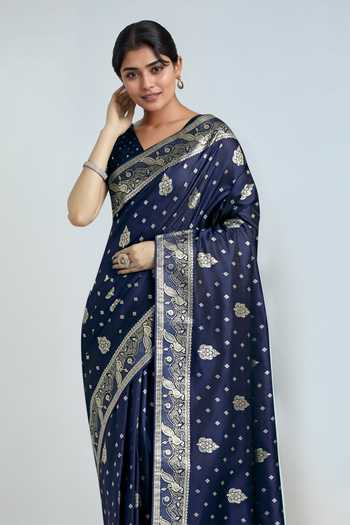 Shop_Khwaab By Sanjana Lakhani_Blue Zari V-neck Dark Woven Banarasi Saree With Blouse _Online_at_Aza_Fashions