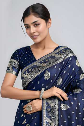 Khwaab By Sanjana Lakhani_Blue Zari V-neck Dark Woven Banarasi Saree With Blouse _at_Aza_Fashions