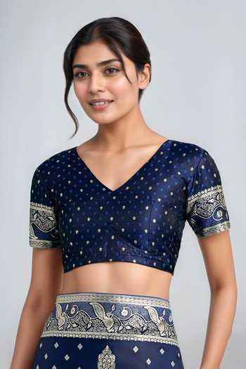 Buy_Khwaab By Sanjana Lakhani_Blue Zari V-neck Dark Woven Banarasi Saree With Blouse 