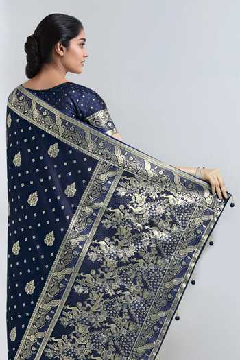Shop_Khwaab By Sanjana Lakhani_Blue Zari V-neck Dark Woven Banarasi Saree With Blouse 