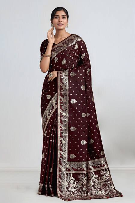 Shop_Samyukta Singhania_Maroon Embroidery, Zari V-neck Woven Banarasi Saree With Blouse _Online_at_Aza_Fashions