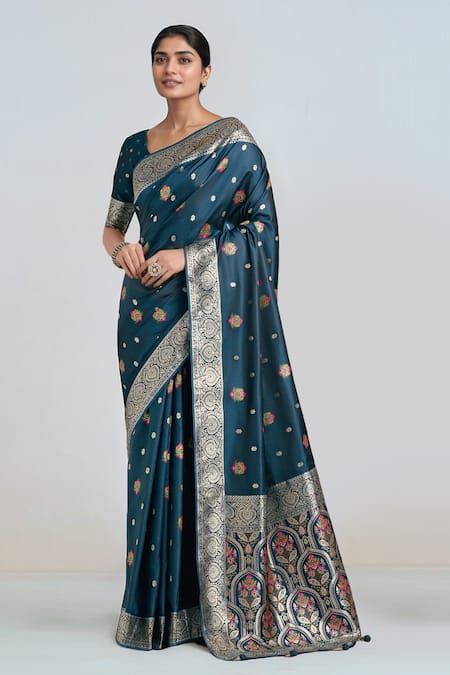 Buy_Samyukta Singhania_Teal Zari Scoop Neck Dark Blue Woven Banarasi Saree With Blouse _Online_at_Aza_Fashions