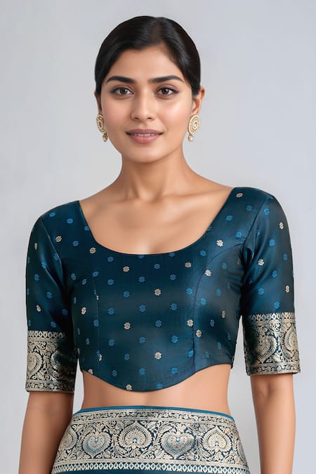 Samyukta Singhania_Teal Zari Scoop Neck Dark Blue Woven Banarasi Saree With Blouse _at_Aza_Fashions