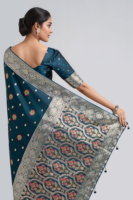 Buy_Samyukta Singhania_Teal Zari Scoop Neck Dark Blue Woven Banarasi Saree With Blouse 