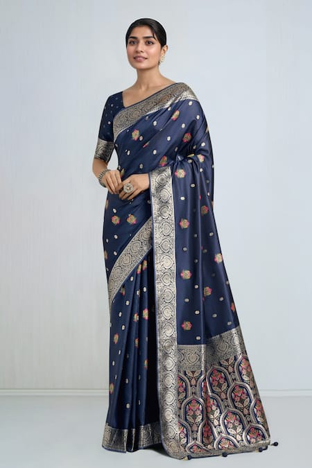 Samyukta Singhania_Blue Embroidery, Zari Round Neck Dark Woven Banarasi Saree With Blouse _Online_at_Aza_Fashions