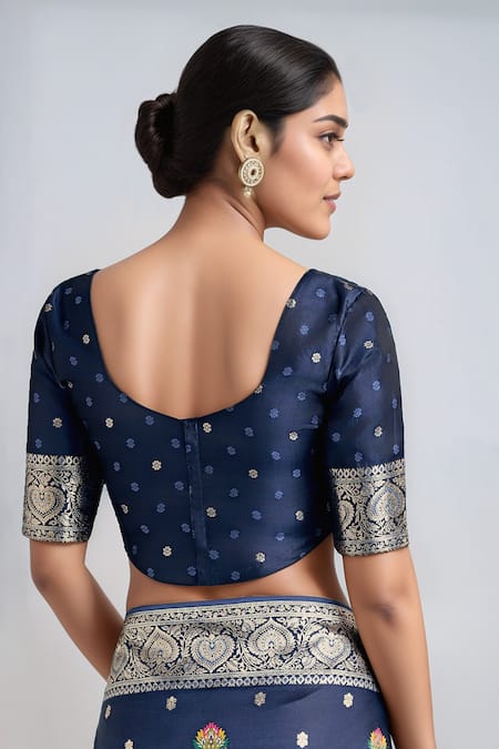 Buy_Samyukta Singhania_Blue Embroidery, Zari Round Neck Dark Woven Banarasi Saree With Blouse _Online_at_Aza_Fashions