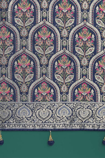 Shop_Samyukta Singhania_Blue Embroidery, Zari Round Neck Dark Woven Banarasi Saree With Blouse 