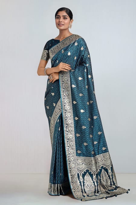Samyukta Singhania Dark Teal Blue Zari Woven Banarasi Saree With Blouse 