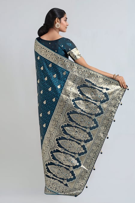 Samyukta Singhania Dark Teal Blue Zari Woven Banarasi Saree With Blouse 
