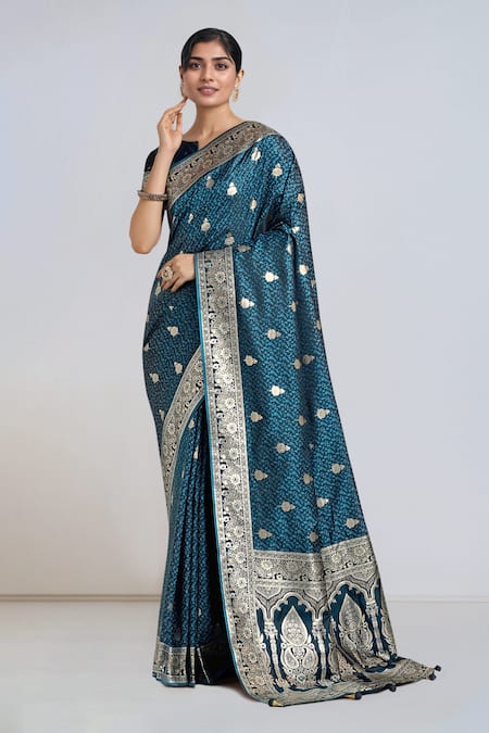 Samyukta Singhania_Teal Embroidery, Zari Round Neck Dark Blue Woven Banarasi Saree With Blouse _Online_at_Aza_Fashions
