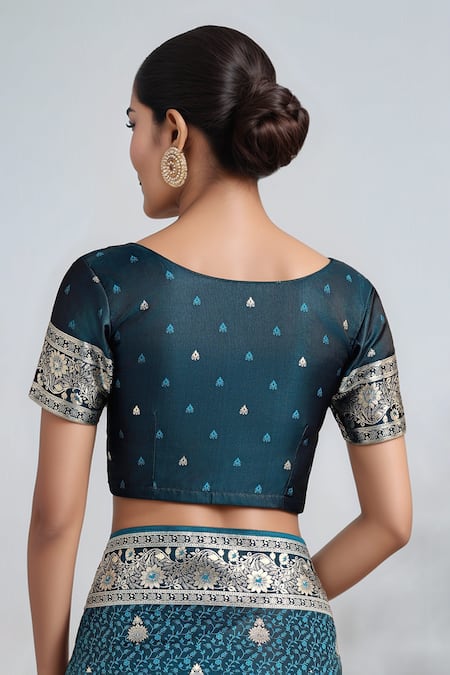 Shop_Samyukta Singhania_Teal Embroidery, Zari Round Neck Dark Blue Woven Banarasi Saree With Blouse _Online_at_Aza_Fashions