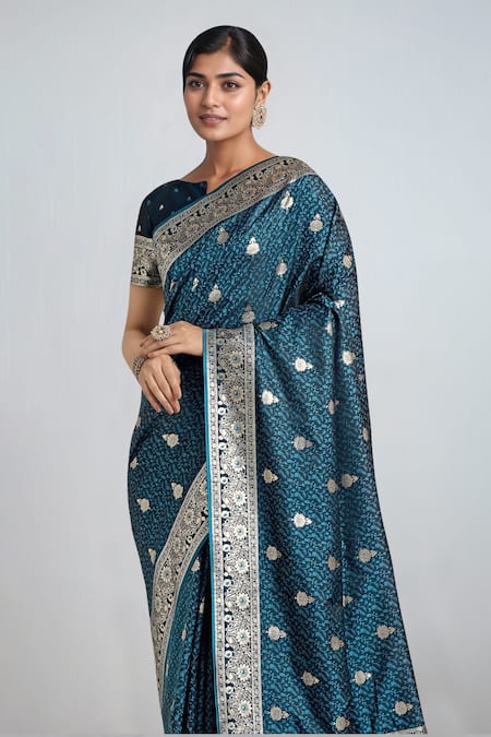 Samyukta Singhania_Teal Embroidery, Zari Round Neck Dark Blue Woven Banarasi Saree With Blouse _at_Aza_Fashions