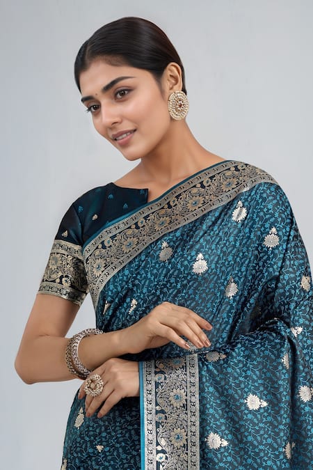 Shop_Samyukta Singhania_Teal Embroidery, Zari Round Neck Dark Blue Woven Banarasi Saree With Blouse 