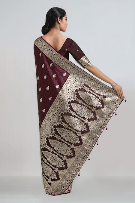 Samyukta Singhania Maroon Zari Woven Banarasi Saree With Blouse 