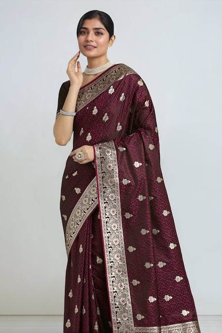Samyukta Singhania_Maroon Tassels, Zari Round Neck Woven Banarasi Saree With Blouse _Online_at_Aza_Fashions
