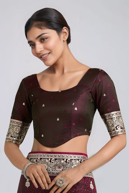 Shop_Samyukta Singhania_Maroon Tassels, Zari Round Neck Woven Banarasi Saree With Blouse _Online_at_Aza_Fashions