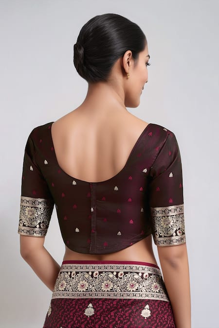 Samyukta Singhania_Maroon Tassels, Zari Round Neck Woven Banarasi Saree With Blouse _at_Aza_Fashions