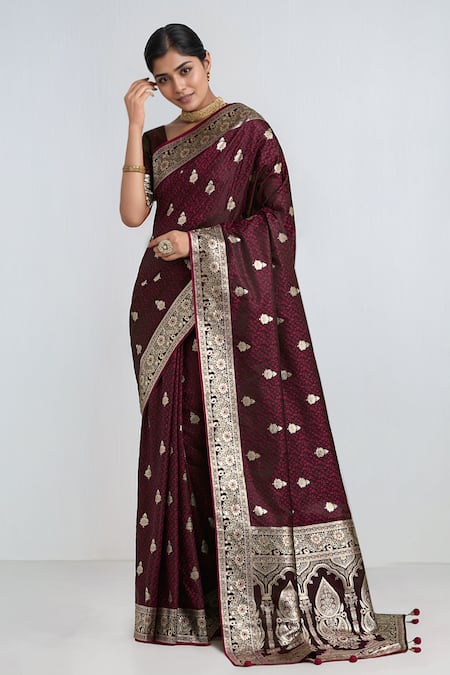Samyukta Singhania Maroon Zari Woven Banarasi Saree With Blouse 